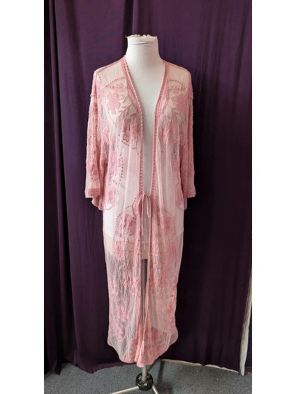 Sheer Pink Boho Embroidered Duster Cardigan L/XL